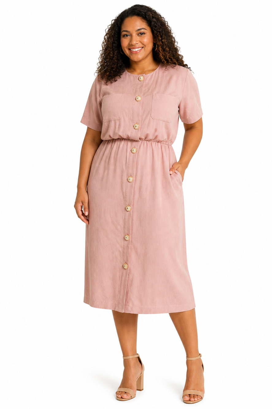 Positive Attitude Womens 90s Pink Button Up Shirt Style Blouson Midi Dress sz 14
